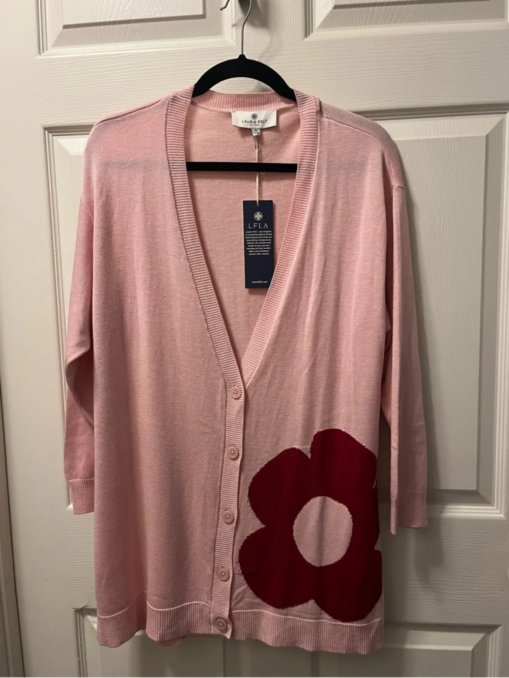 Laurie Felt Lightweight Pink Cashmere Blend Cardigan w/Red Floral‎ Accent 1X NWT